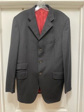 Men's Black Etro Pinstripe Blazer with Red Lining made in Italy Mens 44